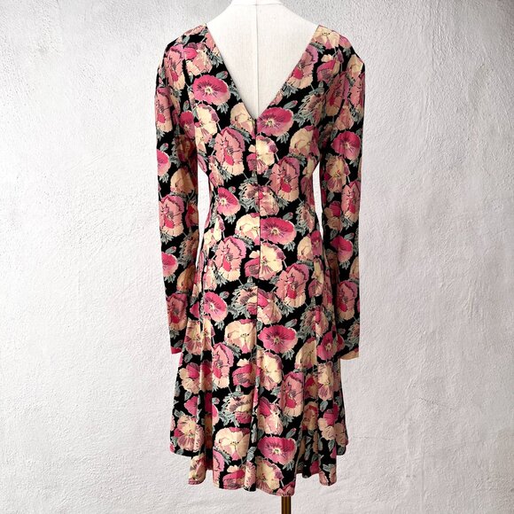 Vintage 90s Ashley Brooke Long Sleeve Floral Rayon Swing Dress VTG 10 / Modern 6 - Picture 4 of 15